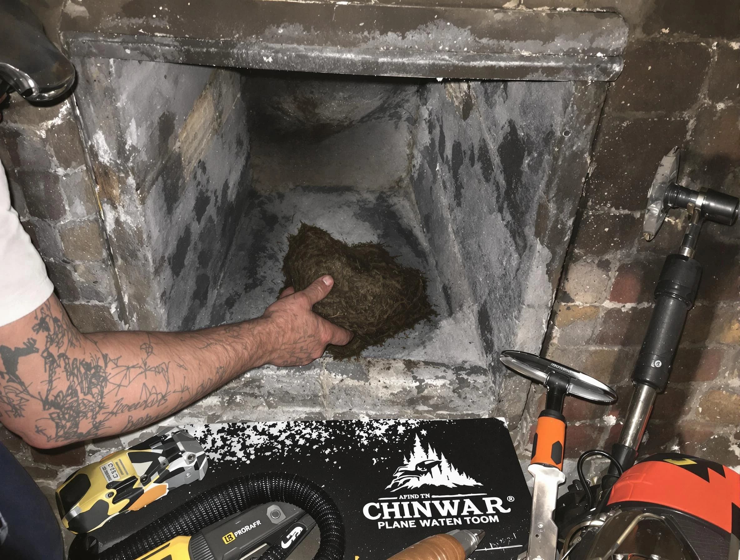 Lakeside Chimney Sweep safely removing debris and screening chimney in Lakeside, VA