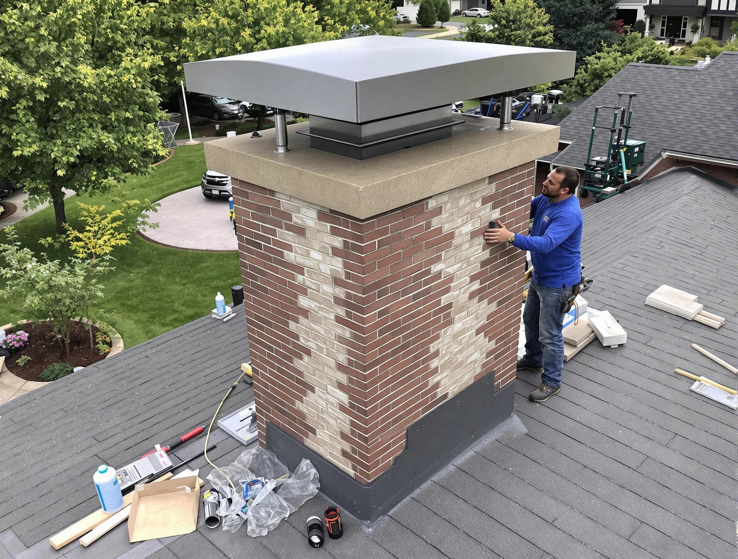 Lakeside Chimney Sweep team working on a custom chimney remodel in Lakeside, VA