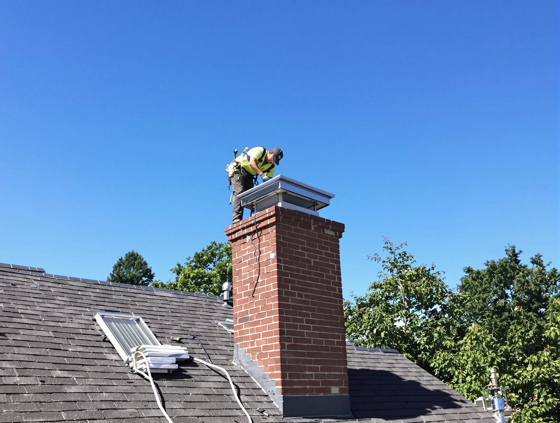 Lakeside Chimney Sweep technician measuring a chimney cap in Lakeside, VA